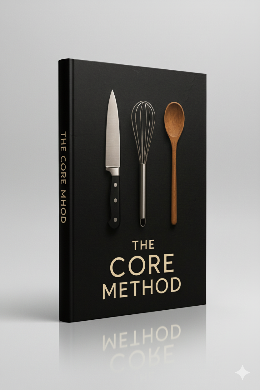 A mockup of the 'The Core Method' e-book cover, showing a stylized cooking scene.